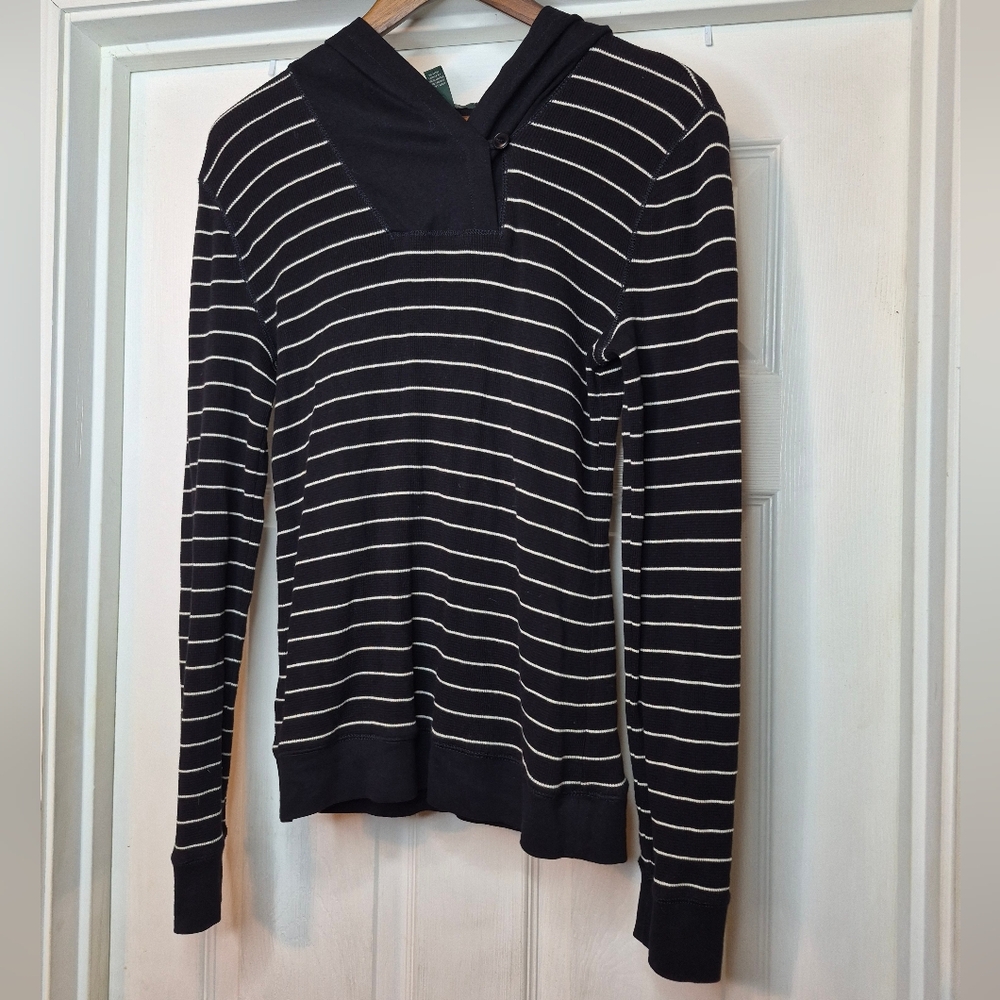 LRL Lauren Ralph Lauren Black & White Striped Hooded Sweater Size Medium